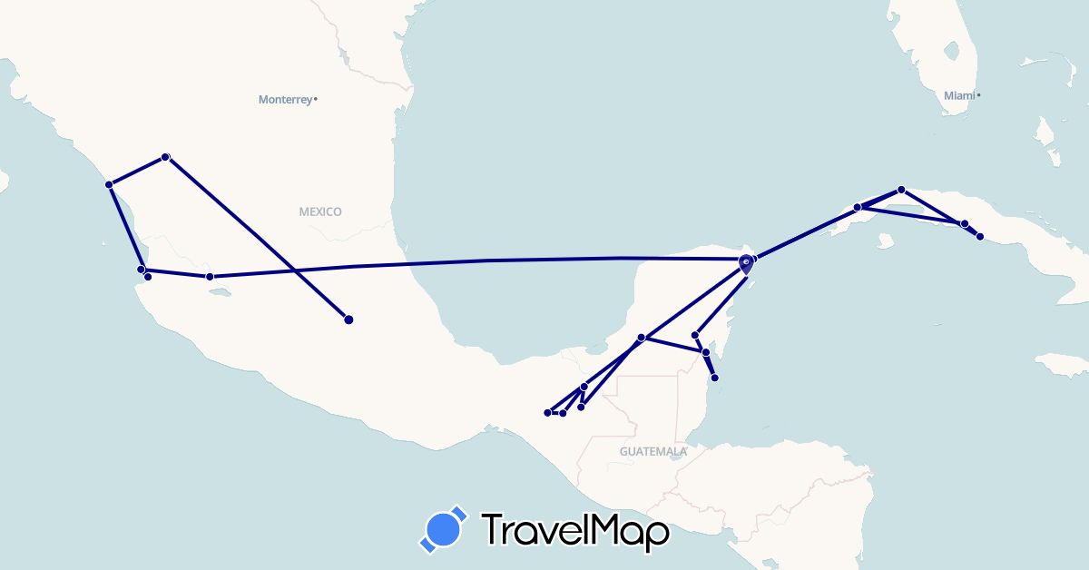 TravelMap itinerary: driving in Belize, Cuba, Mexico (North America)